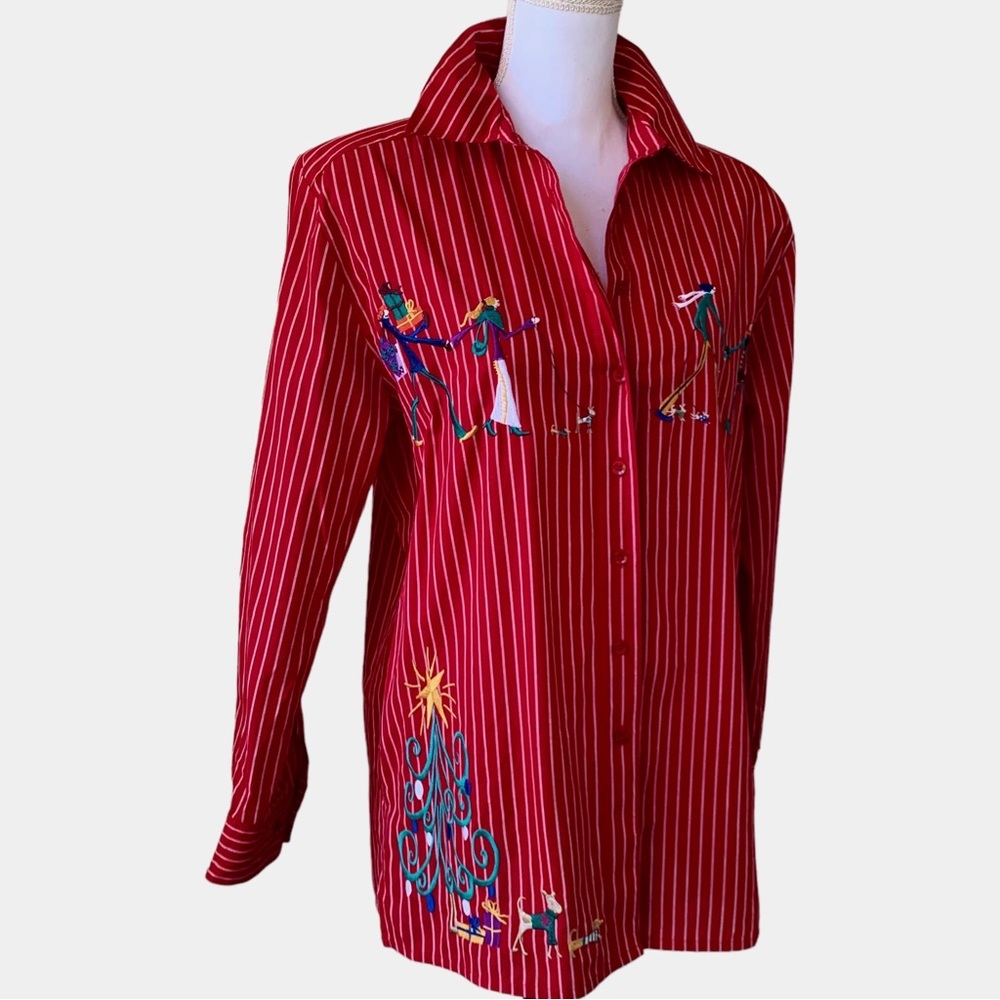 VINTAGE KAREN SCOTT RED STRIPED CHRISTMAS GRAPHIC BUTTON-DOWN  SHIRT